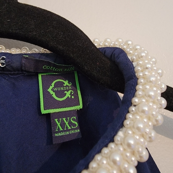 C Wonder Silk Cotton Navy Blue Sleeveless Blouse With Beaded Pearl Neckline - Picture 3 of 5